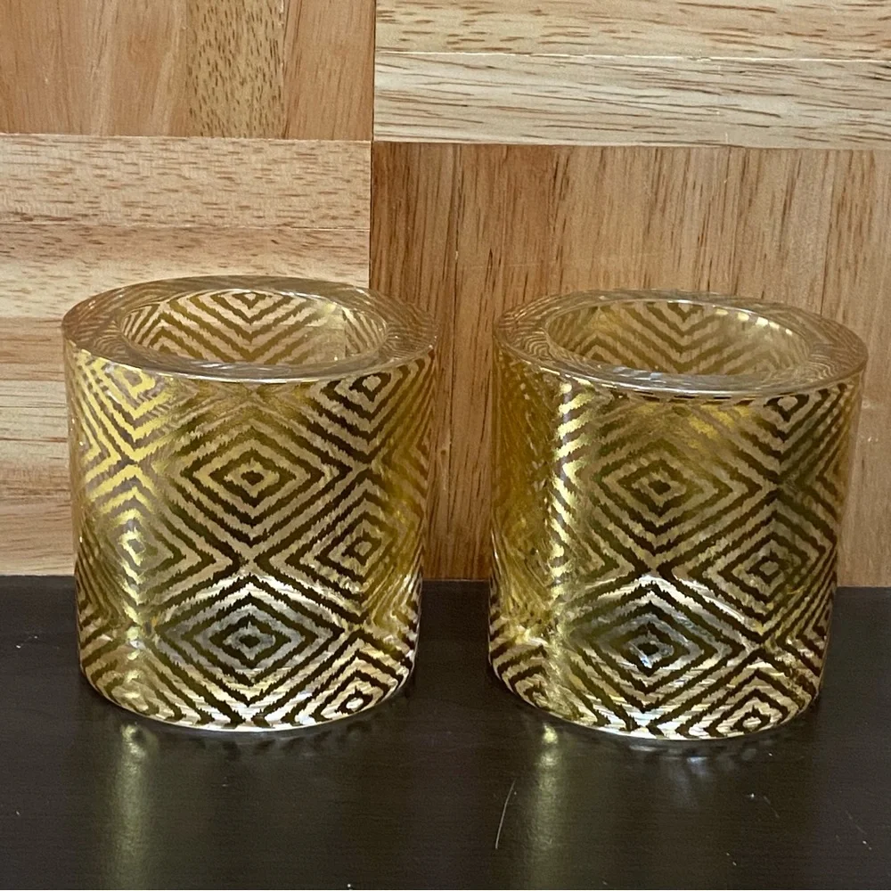 Pair of Jonathan Adler For PartyLite Gold Safari Chic Ikat Votive Candle Holder